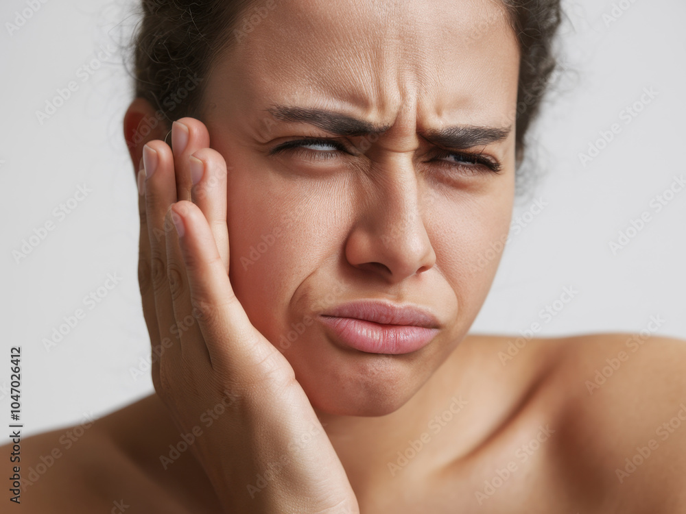 A woman expresses discomfort, holding her face with a pained expression, A woman expresses discomfort, holding her face with a pained expression,