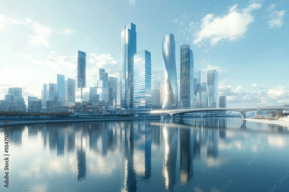 Modern Cityscape with Reflections in Water Modern Cityscape with Reflections in Water