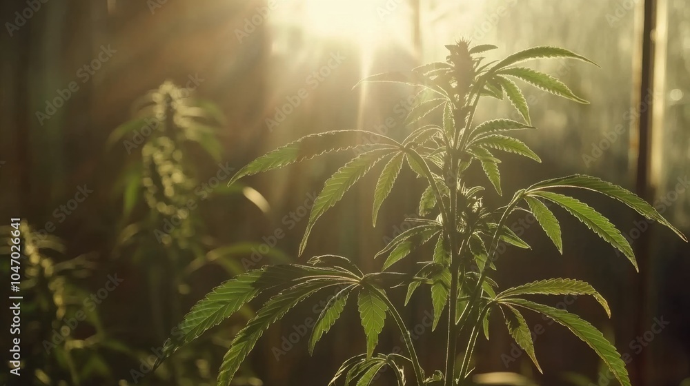 Green cannabis plant growing in a greenhouse, with leaves glistening in the sunlight, offering space for healthcare or farming content with text or design Green cannabis plant growing in a greenhouse, with leaves glistening in the sunlight, offering space for healthcare or farming content with text or design