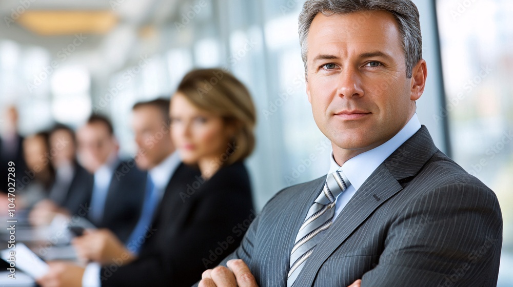 Senior executive standing at a conference table during an important business meeting while colleagues take notes Stock Photo with side copy space Senior executive standing at a conference table during an important business meeting while colleagues take notes Stock Photo with side copy space