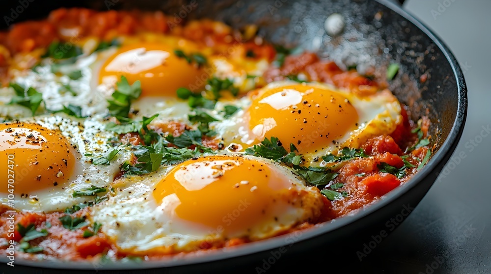 Spicy Tomato Skillet with Poached Eggs a Delectable Mediterranean Breakfast Dish Featuring a Savory and Flavorful Sauce Spicy Tomato Skillet with Poached Eggs a Delectable Mediterranean Breakfast Dish Featuring a Savory and Flavorful Sauce
