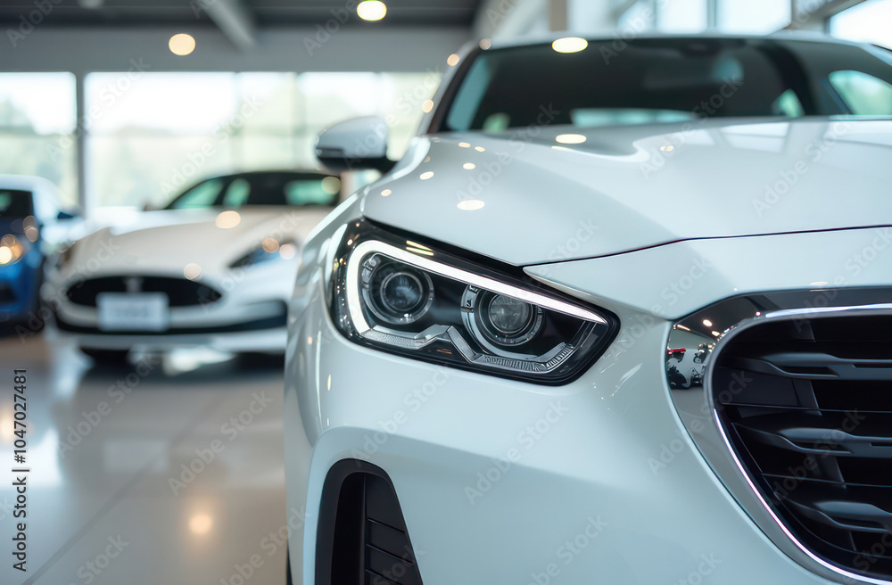 a close up view of a shiny car in a showroom with other vehicles in the background
a close up view of a shiny car in a showroom with other vehicles in the background