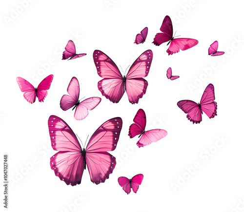 Pink Butterflies flying isolated on transparent background. PNG file, cut out