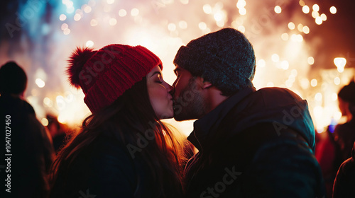 Couple kissing with fireworks in background on New Year's Eve