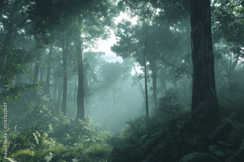 Fototapeta premium Serene Misty Forest Landscape at Dawn