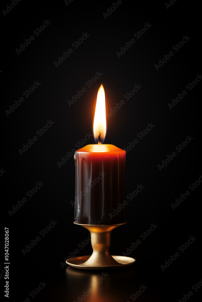 Burning Candle on Golden Candlestick on Black Background Burning Candle on Golden Candlestick on Black Background