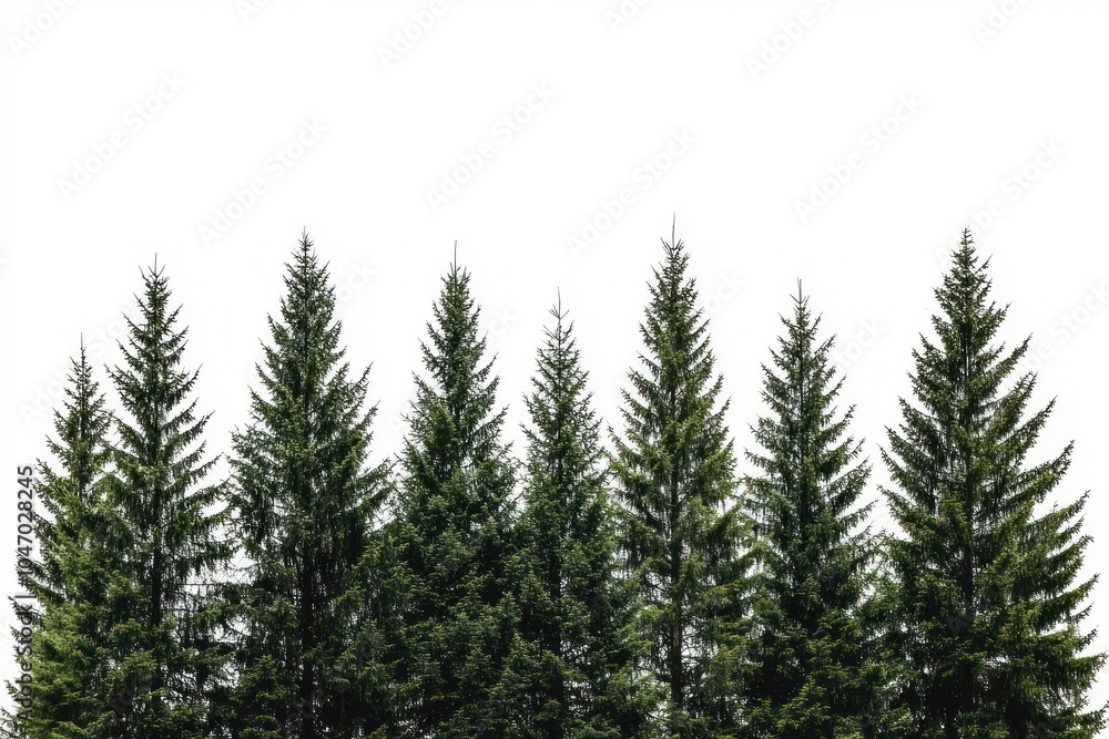 Fototapeta premium Green Coniferous Trees Against White Background