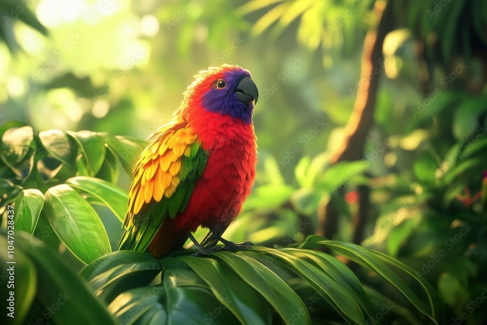 Colorful bird perched on lush tropical leaves Colorful bird perched on lush tropical leaves