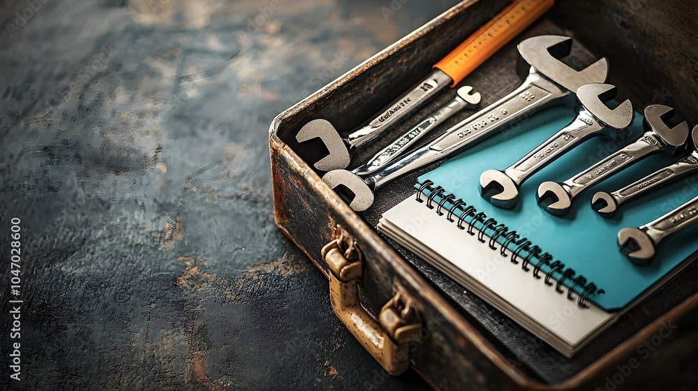 Toolbox with a variety of wrenches ratchets and engineering notebooks ready for hands on repair construction or maintenance work in an industrial or workshop setting