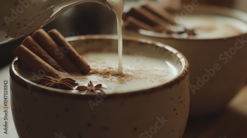 A chai tea arrangement featuring cinnamon sticks, star anise, and frothy milk poured into a ceramic cup.