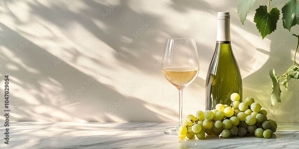 Obraz premium a bottle of white wine next to a full glass and fresh green grapes on a white marble surface bathed in soft sunlight. Copy space