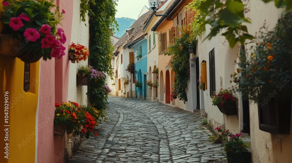 Fototapeta premium A charming European village with cobblestone streets, colorful buildings, and flower boxes.
