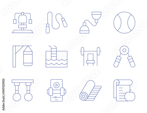 Fitness icons. Thin Line style, editable stroke. fitness, resistance band, rings, fitness ball, hand grip, nutrition, punching bag, skipping rope, swimming pool, virtual reality fitness, yoga mat.z