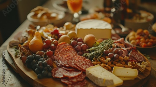 A charcuterie board loaded with cheeses, cured meats, nuts, fruits, and artisanal bread.