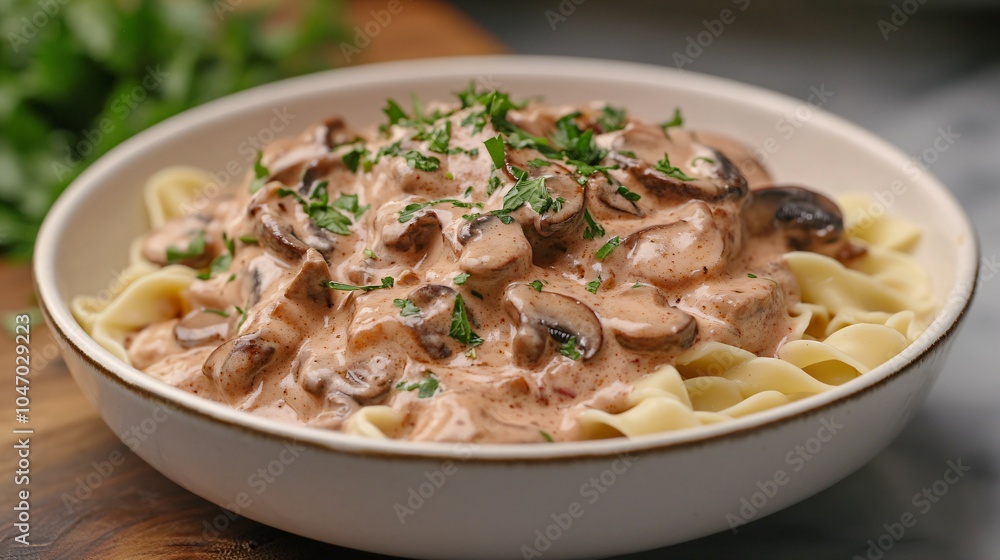 A Rich Beef Stroganoff. A bowl of beef stroganoff with tender beef strips in a creamy mushroom sauce. A Rich Beef Stroganoff. A bowl of beef stroganoff with tender beef strips in a creamy mushroom sauce.