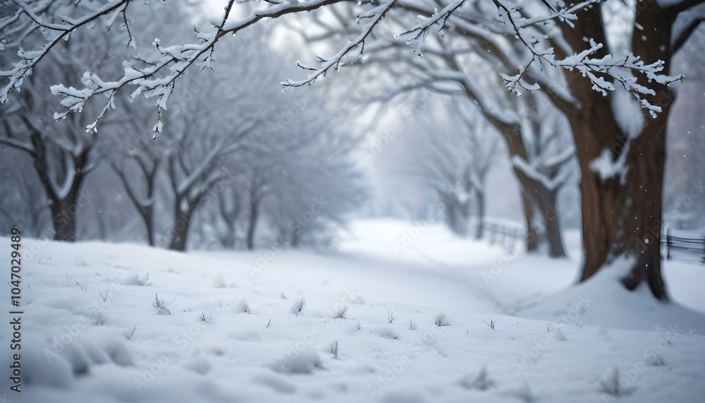Snowy winter landscape with blurred background, snow-covered tree branches, and falling snowflakes. Snowy winter landscape with blurred background, snow-covered tree branches, and falling snowflakes.