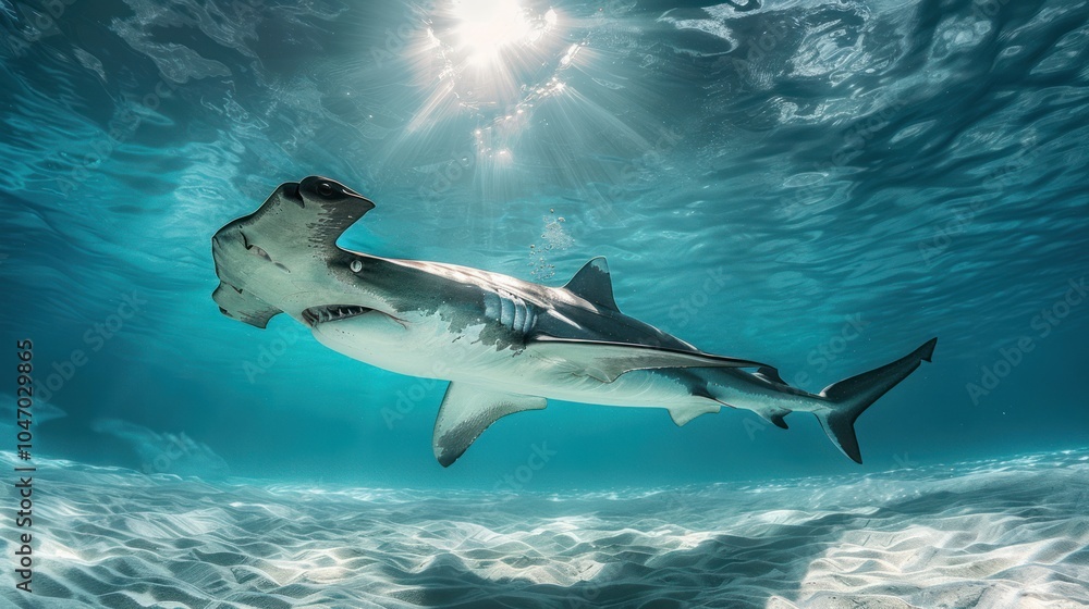 Fototapeta premium Hammerhead Shark Swimming in Clear Ocean Water