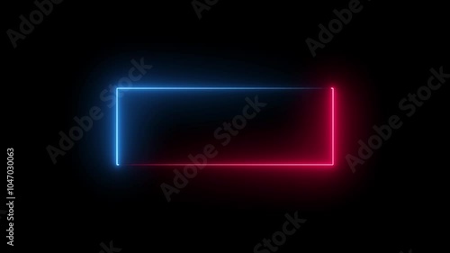 a rectangle outline illumanated with neon with color against a black background. Abstract glowing neon frame rectangle animation. photo