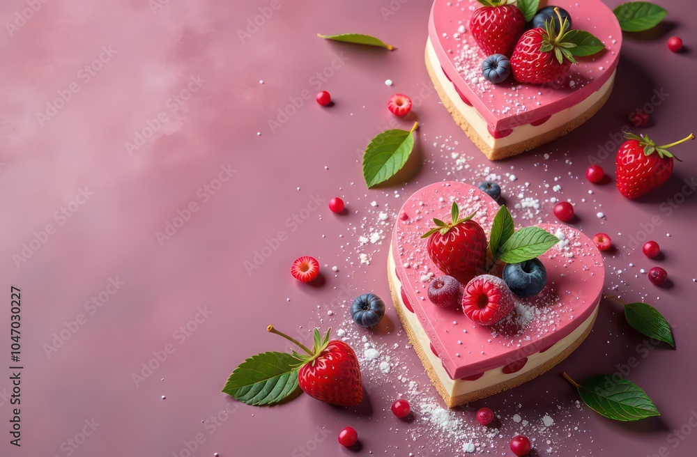 beautiful cakes with berries in the shape of hearts on a festive background, top view, empty place for text beautiful cakes with berries in the shape of hearts on a festive background, top view, empty place for text