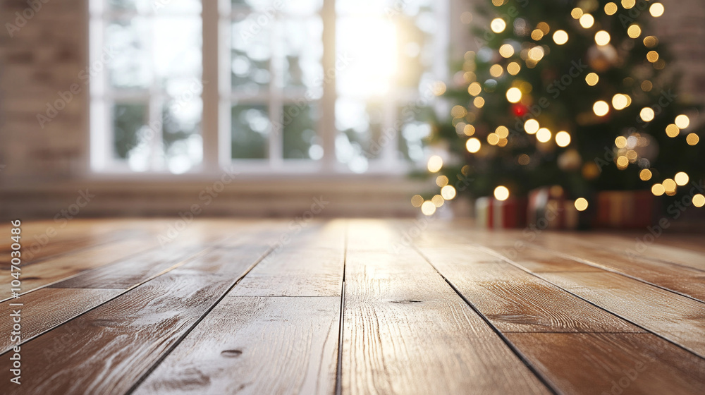 Wooden floor mockup with Christmas tree. Wooden floor mockup with Christmas tree.