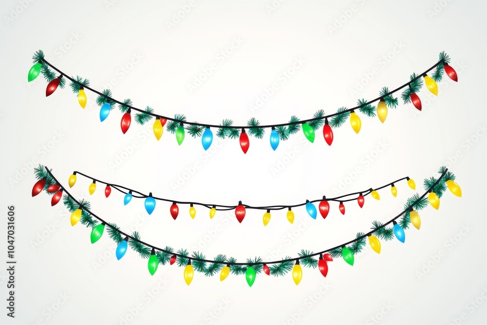 Fototapeta premium Christmas garlands with colorful bulbs, hanging in two rows with pine needles, on a bright white background.