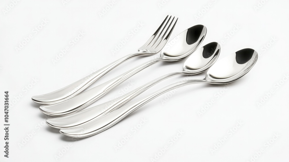 A sophisticated silver spoon and fork set arranged diagonally on a clean white background, emphasizing luxury and simplicity in dining A sophisticated silver spoon and fork set arranged diagonally on a clean white background, emphasizing luxury and simplicity in dining