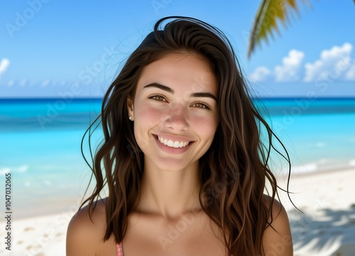 Happy Woman Smiling on Tropical Beach with Blue Ocean and Palm Trees