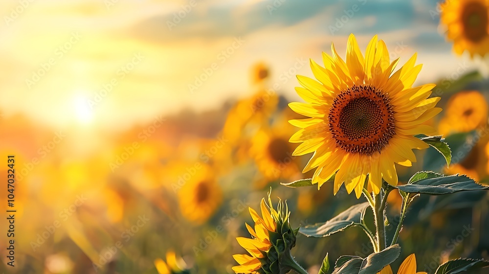 Obraz premium Captivating close up view of vibrant sunflowers basking in the warm radiant glow of a bright midday sun creating a serene and picturesque countryside landscape
