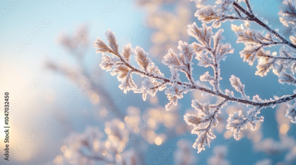 Close-up of frosty branches sparkling in soft winter sunlight, with a tranquil blue background and delicate ice crystals Close-up of frosty branches sparkling in soft winter sunlight, with a tranquil blue background and delicate ice crystals