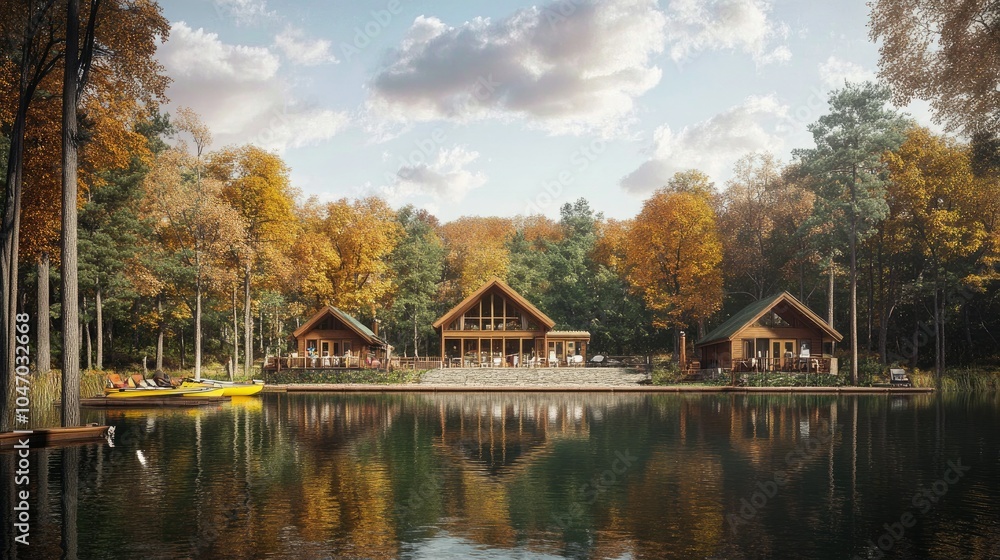 A tranquil lakeside retreat with cozy cabins, canoes, and guests enjoying a peaceful getaway amidst nature. A tranquil lakeside retreat with cozy cabins, canoes, and guests enjoying a peaceful getaway amidst nature.