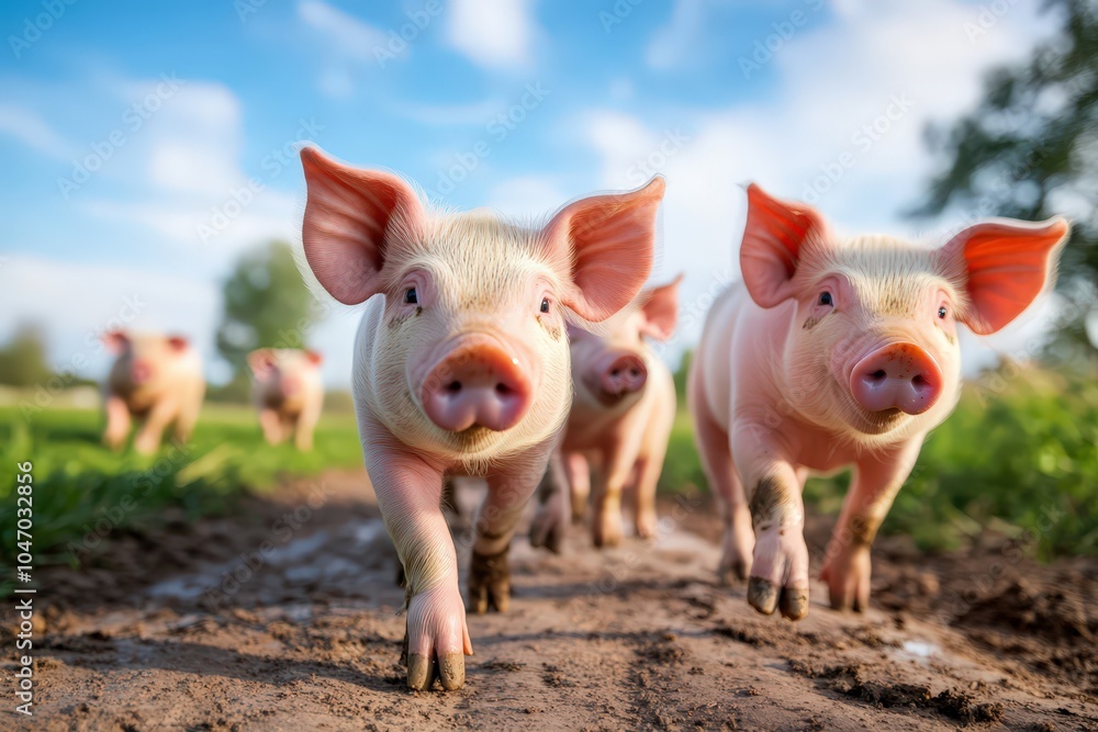 A group of young piglets are happily running towards the camera on a sunny farm day, with their ears flapping and snouts pointing forward as they enjoy freedom. A group of young piglets are happily running towards the camera on a sunny farm day, with their ears flapping and snouts pointing forward as they enjoy freedom.