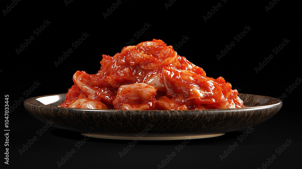 Kimchi on a black plate, prepared with spices, on a black background Kimchi on a black plate, prepared with spices, on a black background