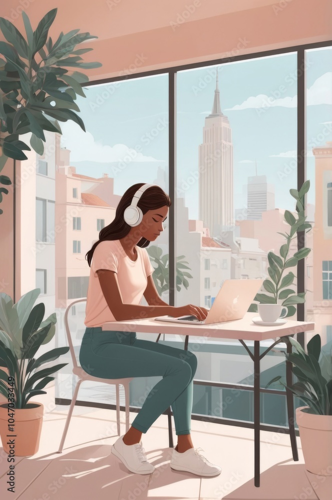 Minimalist scene of a digital nomad on a laptop, seated by a large café window with a coffee cup beside them. The illustration uses simple shapes to outline the character, chair, and table Minimalist scene of a digital nomad on a laptop, seated by a large café window with a coffee cup beside them. The illustration uses simple shapes to outline the character, chair, and table