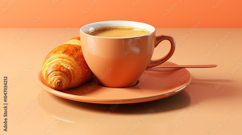A cup of coffee with a croissant on a saucer on an orange background. A cup of coffee with a croissant on a saucer on an orange background.