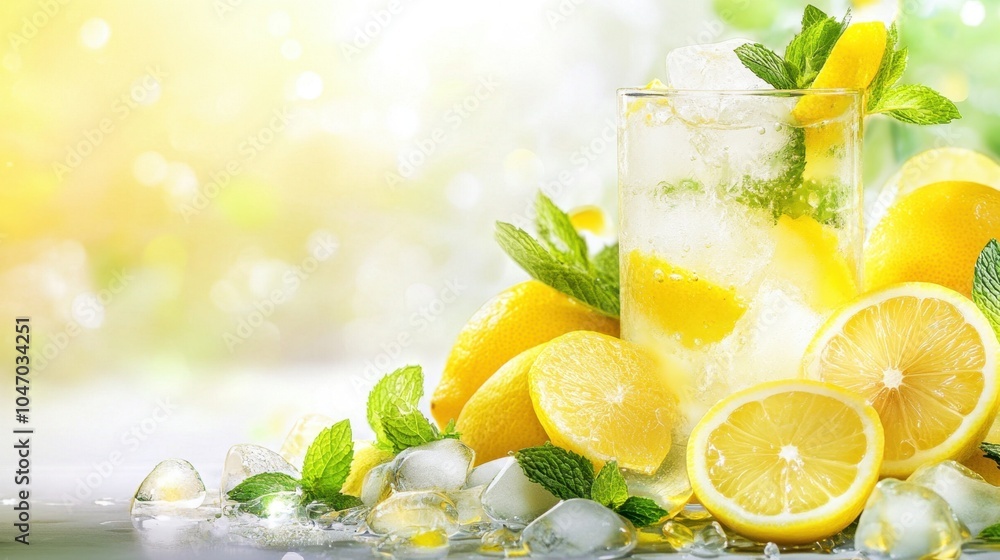Fototapeta premium Refreshing summer beverage with lemon slices, mint, and ice in a glass, placed against a clean background, perfect for healthy living promotions, with copy space