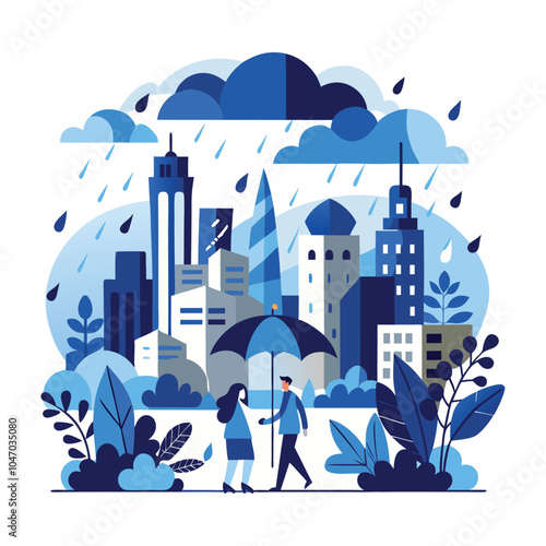 Blue Monday City Skyline with Rain Clouds and Umbrellas in a Somber Stylized Vector Art