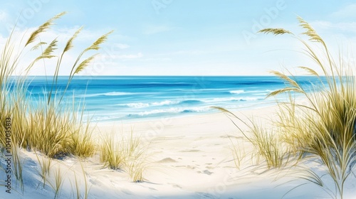 Wallpaper Mural Sandy beach watercolor artwork, with delicate blue waters and soft sandy textures, stretching toward the horizon. Torontodigital.ca