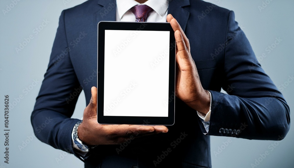 A businessman holds a mockup. iPad digital tablet with blank screen A businessman holds a mockup. iPad digital tablet with blank screen