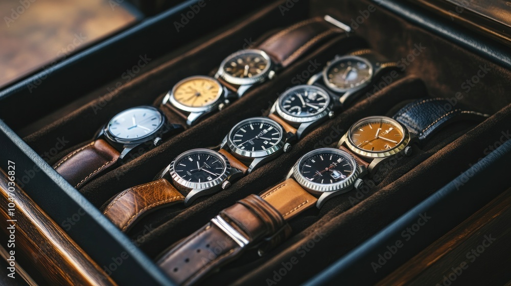Collection of men's watches in black leather storage case, AI generated image Collection of men's watches in black leather storage case, AI generated image