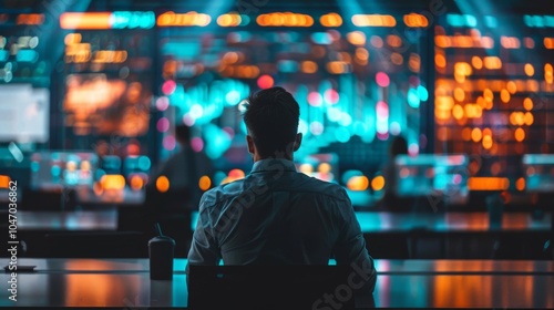 Man observing vibrant digital screen with data visualizations in modern control room.