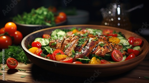 A wooden bowl filled with a delicious salad featuring grilled chicken, cucumbers, cherry tomatoes, and fresh herbs.