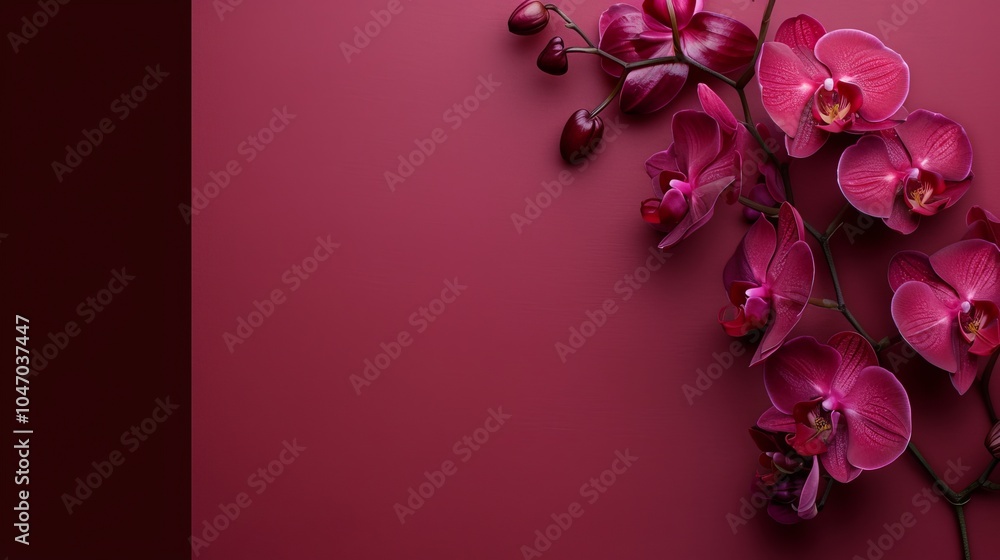 A branch of vibrant pink orchids arranged on a maroon background. A branch of vibrant pink orchids arranged on a maroon background.