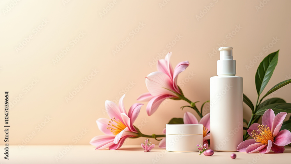 A serene setting with skincare products and pink flowers. A serene setting with skincare products and pink flowers.