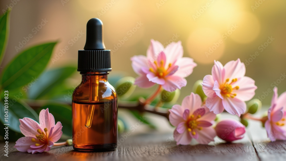 An oil dropper bottle on a table with flowers in the background, ideal for beauty or health contexts. An oil dropper bottle on a table with flowers in the background, ideal for beauty or health contexts.