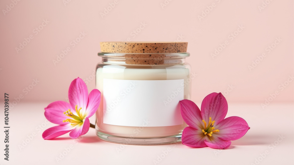 A jar of candle with a floral design, sitting on a pink surface. A jar of candle with a floral design, sitting on a pink surface.