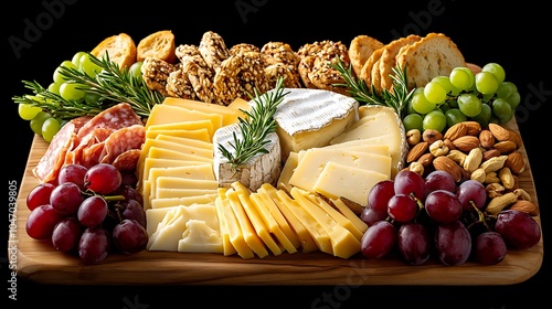 A beautifully arranged cheese board featuring a variety of cheeses—brie, gouda, cheddar—surrounded by grapes, nuts, and sliced baguette. The textures and colors create an elegant spread. photo