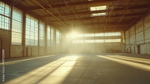 A large, industrial warehouse with high ceilings, beams, and sunlight streaming through.