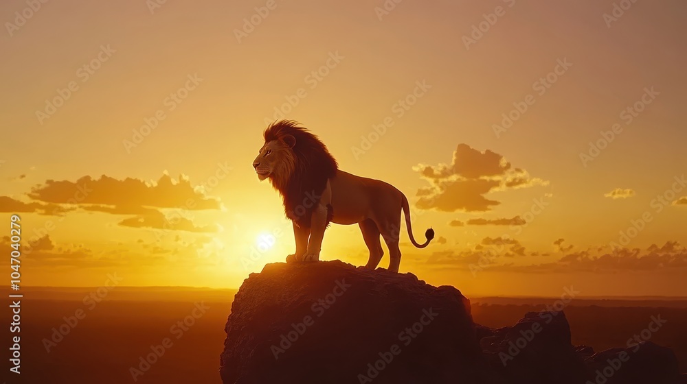 A majestic lion standing proudly on a rock, silhouetted against an orange sunset on the savanna. A majestic lion standing proudly on a rock, silhouetted against an orange sunset on the savanna.