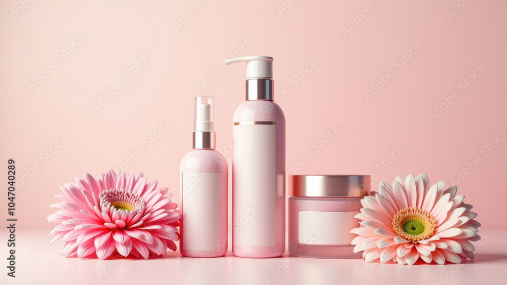 Pink and white cosmetics on table with flowers. Pink and white cosmetics on table with flowers.