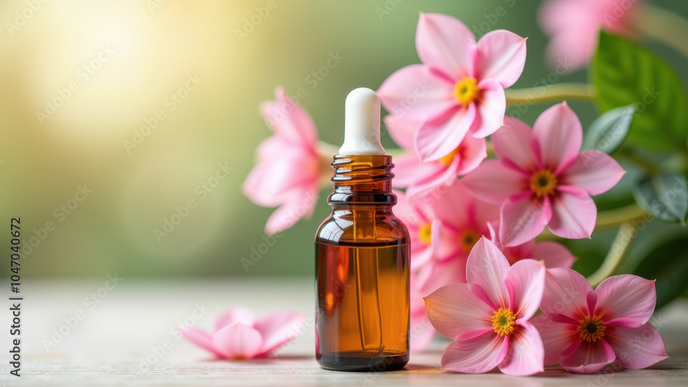 A bottle of essential oil with pink flowers. A bottle of essential oil with pink flowers.